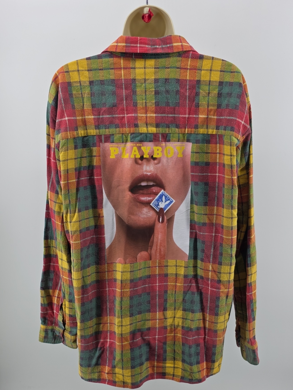 Vintage Red Yellow Green Plaid Button-Down with PLAYBOY Back Graphic